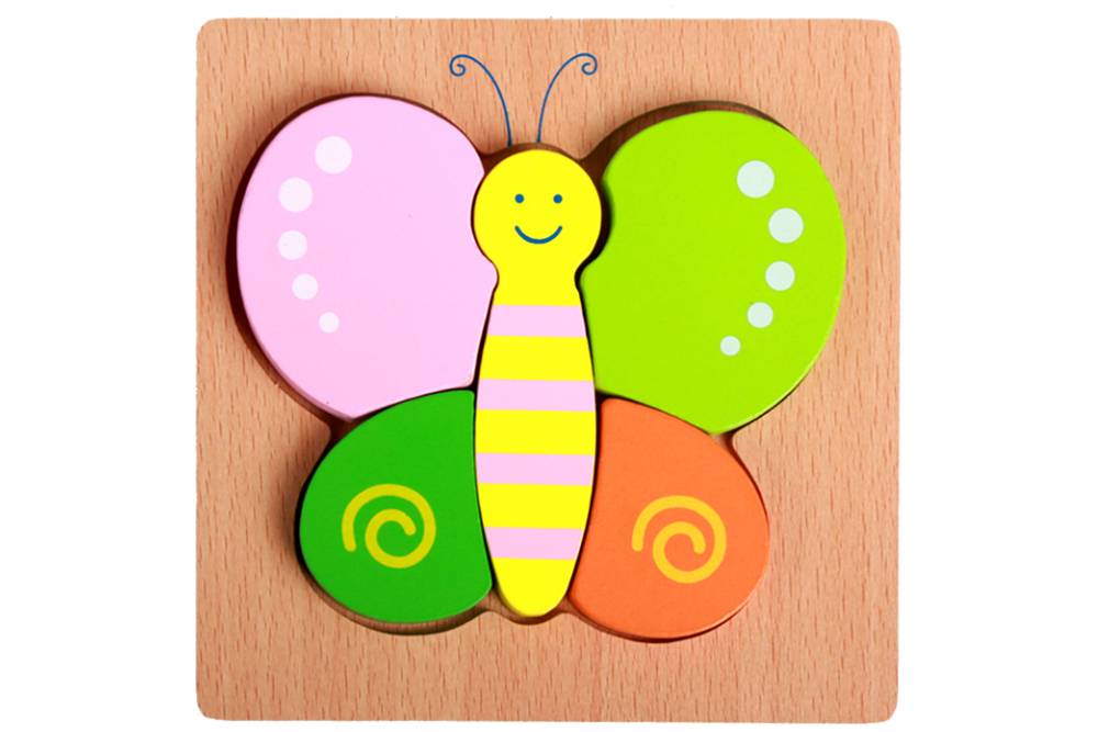 Colourful butterfly puzzle on a wooden base.