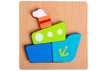 Colourful ship-shaped wooden puzzle on a wooden base.