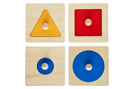 Set of four shape puzzles: small blue circle, large blue circle, yellow triangle, and red square.