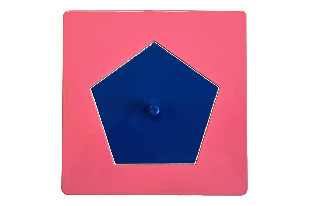 Pentagon metal inset with pink frame.