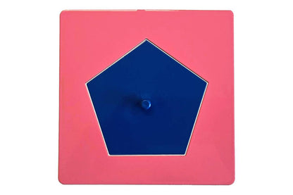 Pentagon metal inset with pink frame.