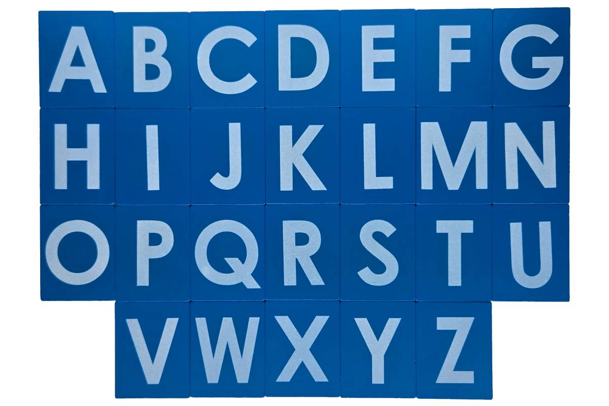 Blue sandpaper letters in print capitals A-Z.