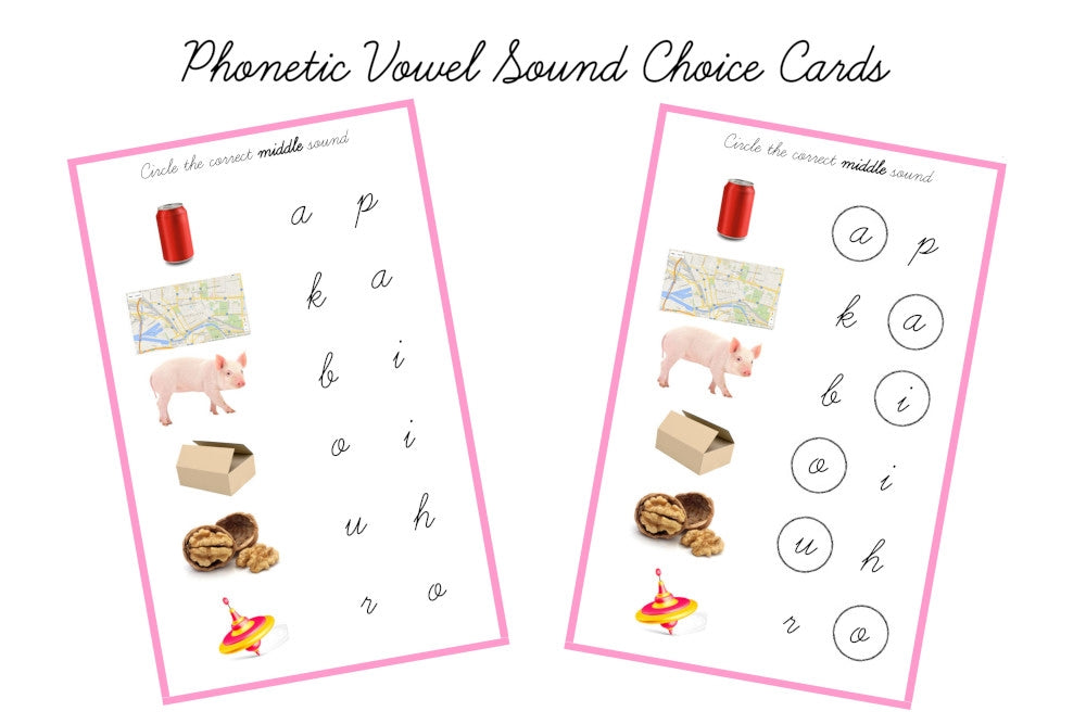 Pink Vowel Sound Choice Cards, Cursive (PDF)