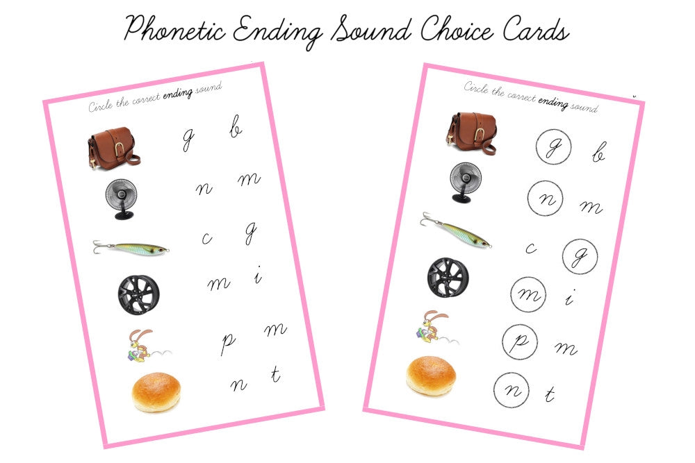 Pink Ending Sound Choice Cards, Cursive (PDF)