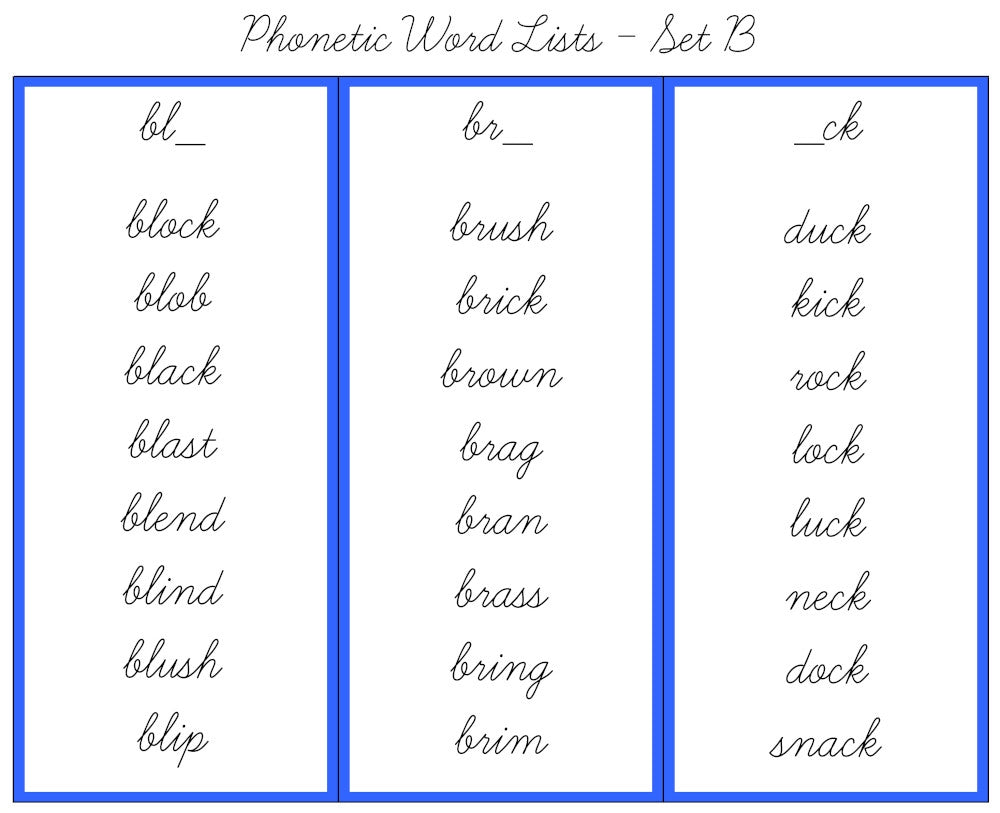 Blue Word Lists, Cursive - Set B (PDF)