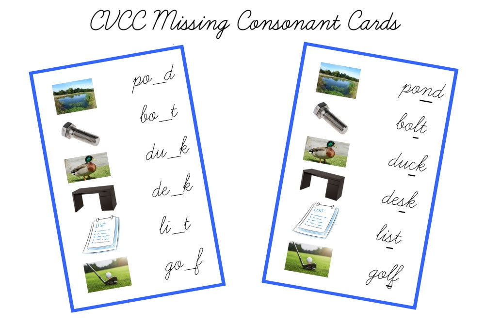 Blue CVCC Missing Consonant Cards, Cursive (PDF)