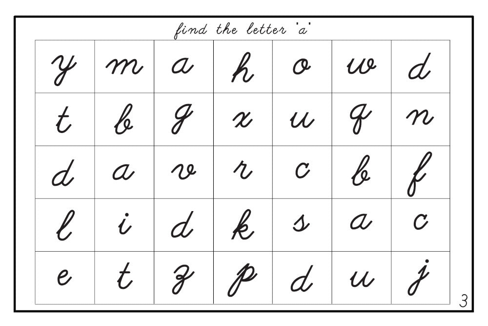 Letter Search Worksheets - Lower Case, Cursive (PDF)