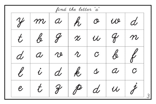 Letter Search Worksheets - Lower Case, Cursive (PDF)