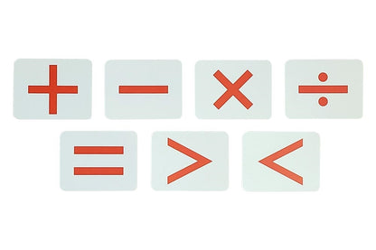 7 operation symbol cards: +, −, ×, ÷, <, >, =.