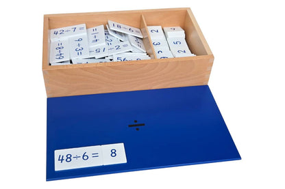 Division equations and dividends box with blue lid printed with "÷" containing white tiles with blue text.