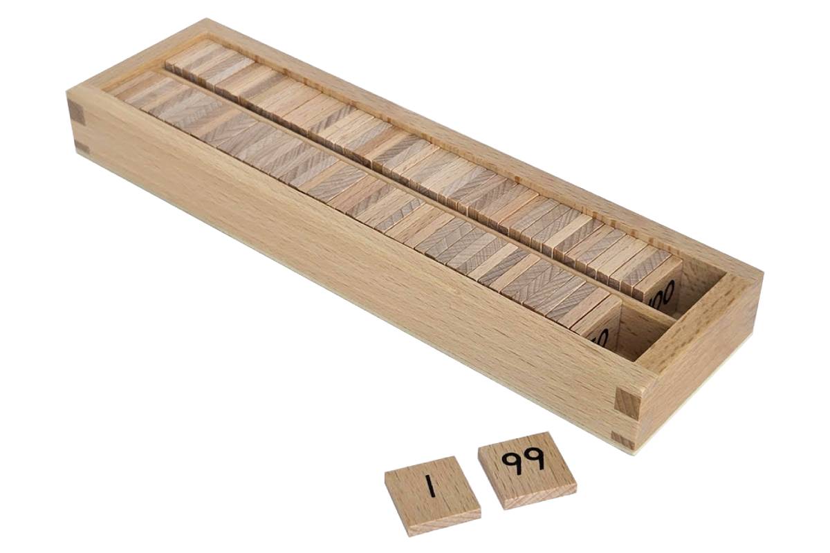1-100 number tiles in a wooden box.