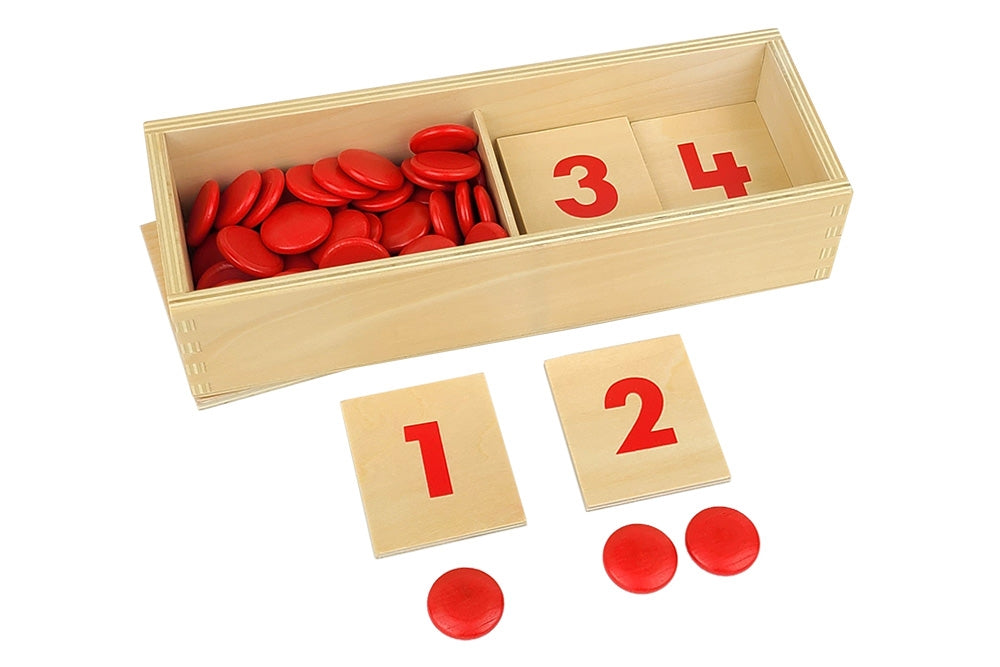 Two-compartment wooden box with red counters on the left and number cards on the right. Below the box are a '1' card with one counter and a '2' card with two counters.