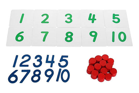 Paper cards with 1-10 printed in green, 1-10 wooden numerals in blue, and 45 red counters.