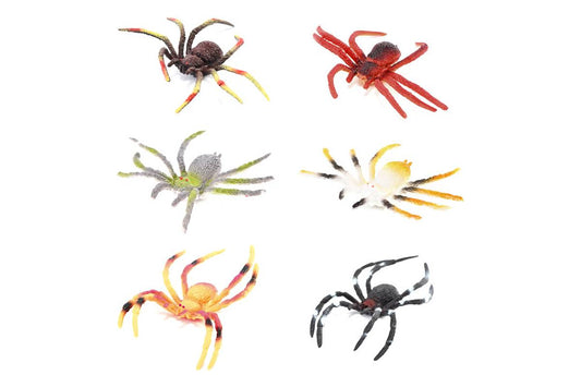 6 plastic spider models.