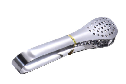 A pair of perforated stainless steel food tongs.