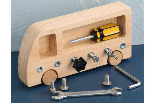 Wooden busy bus with six built-in nuts and two storage compartments as bus "windows". Comes with six screws, a screwdriver, a wrench, and a hex key.