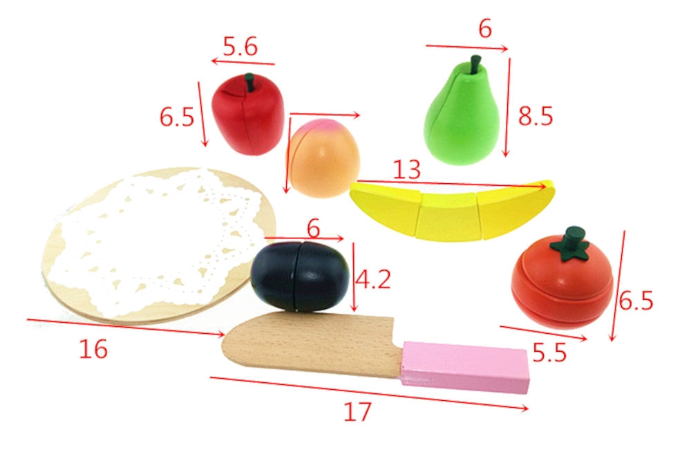 Cutting board: 16 cm.
Knife: 17 cm.
Apple: 6.5 cm x 5.6 cm.
Pear: 8.5 cm x 6 cm.
Banana: 13 cm.
Orange: 6.5 cm x 5.5 cm.
Kiwi: 6 cm x 4.2 cm.
