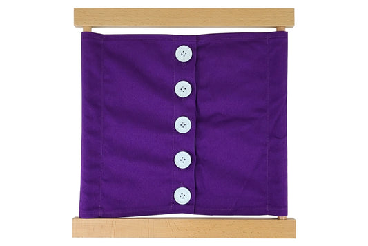 Wooden large-buttons dressing frame with purple fabric and white buttons.