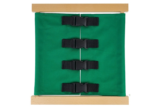 Wooden clips dressing frame with green fabric and black clips.