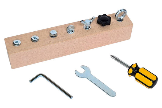 Wooden block with seven different bolts and nuts. Includes a screwdriver, hex key, and wrench.