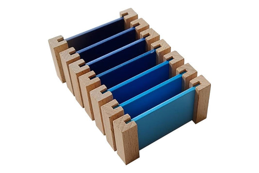Seven replacement blue colour tablets for the third box in a gradient from lightest to darkest.