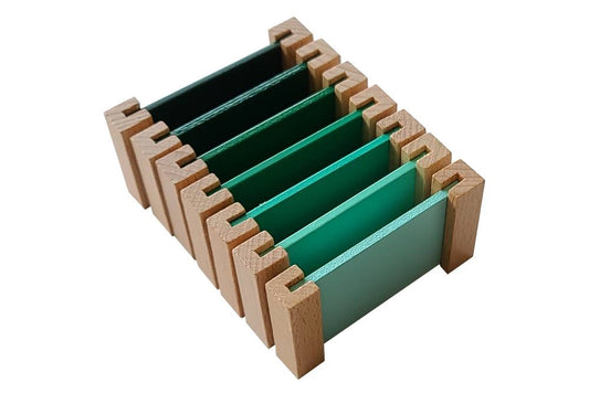 Seven replacement green colour tablets for the third box in a gradient from lightest to darkest.