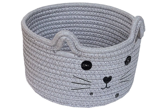 Grey cotton rope basket with a cat face and ears on the front.